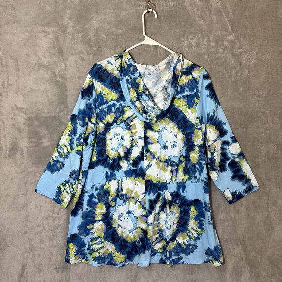 LOGO Lounge by Lori Goldstein L Tie Dye Full Zip Front Tunic Floral Hoodie Blue - Picture 3 of 10